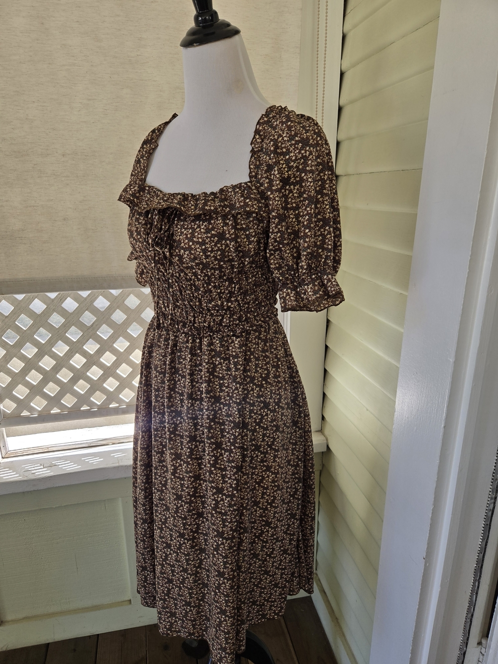 SHEIN Brown Floral Square-Neck Midi Dress with Puff Sleeves